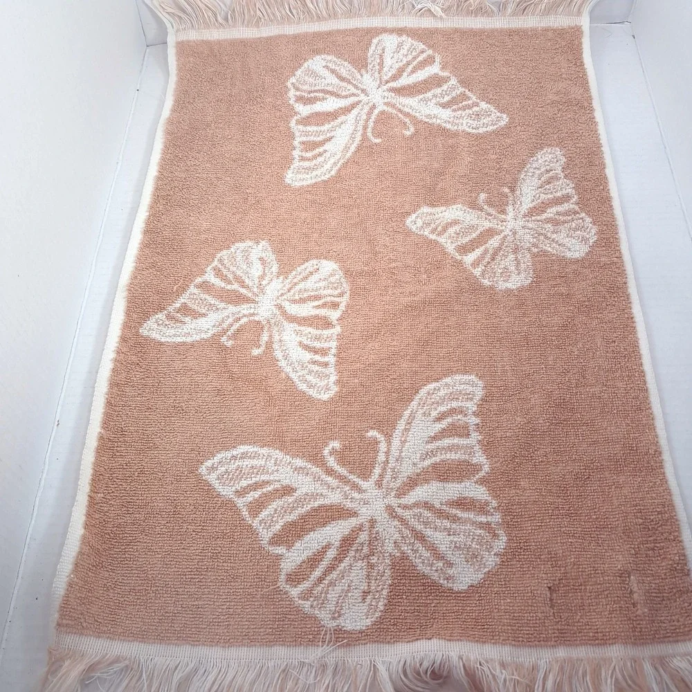 Vintage West Point Lady Pepperell Butterfly bath hand towel brown cream fringe